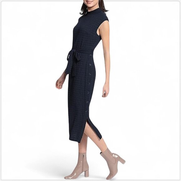 Maggy London Navy Mock Neck Crinkle Seersucker Knit Midi Dress NWT New 6P Petite - Picture 2 of 6
